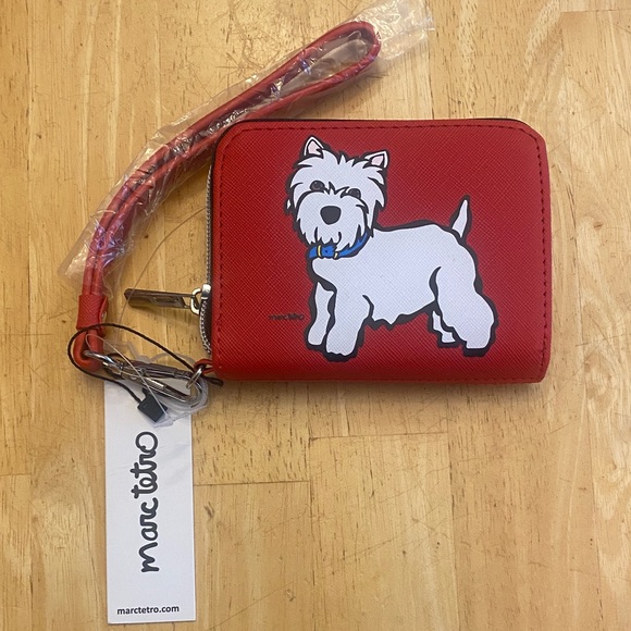 Marc Tetro Red Wallet with Dog Design w wristlet strap about 4.5x3.5 NWT - Picture 1 of 6